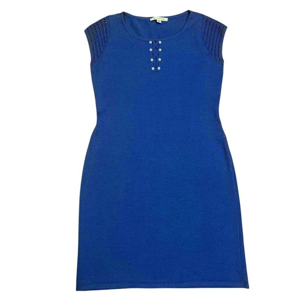 ST. JOHN Blue Santana Knit Fitted Dress Front Lace-Up Cutouts Grommets S FLAW